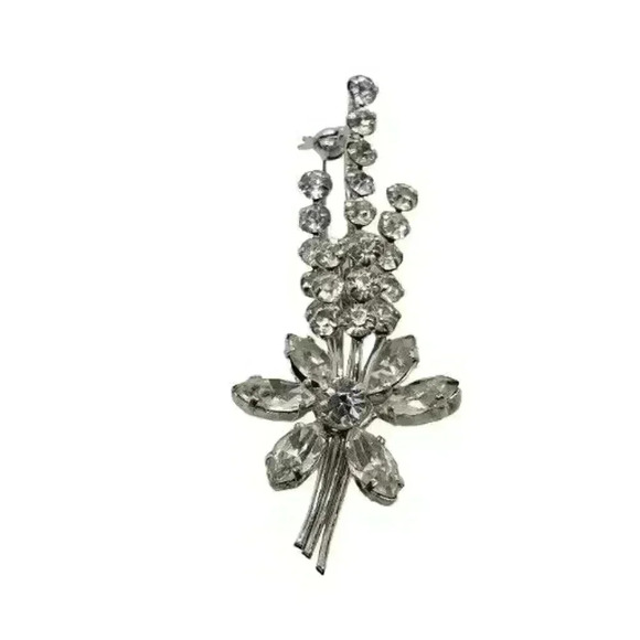 Vintage Clear Rhinestone Brooch Austria Long Stem Flower Spray Tall Layers - Picture 5 of 14